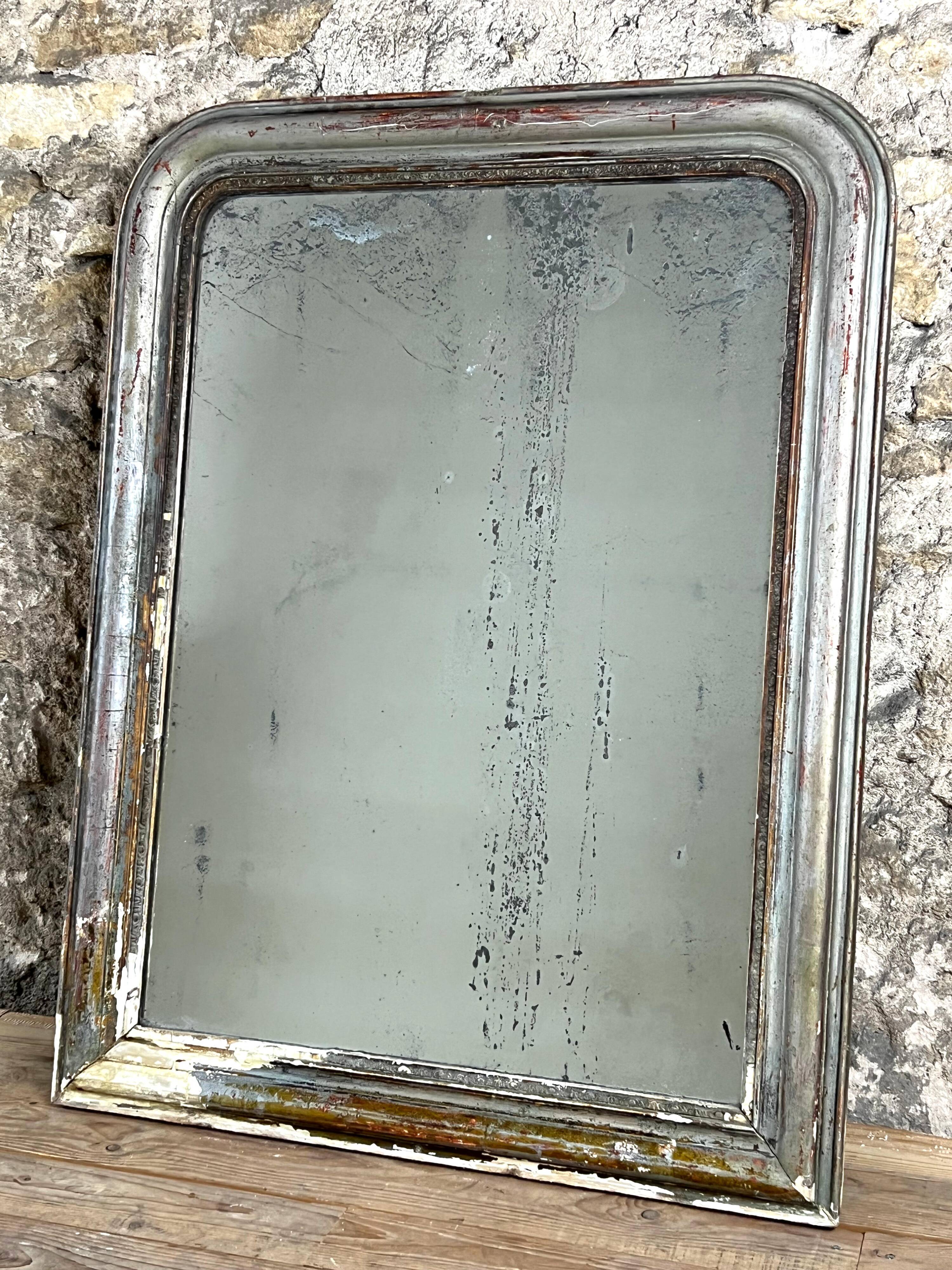 Antique Louis-Philippe Mirror, 19th Century, Shabby Silver Patina