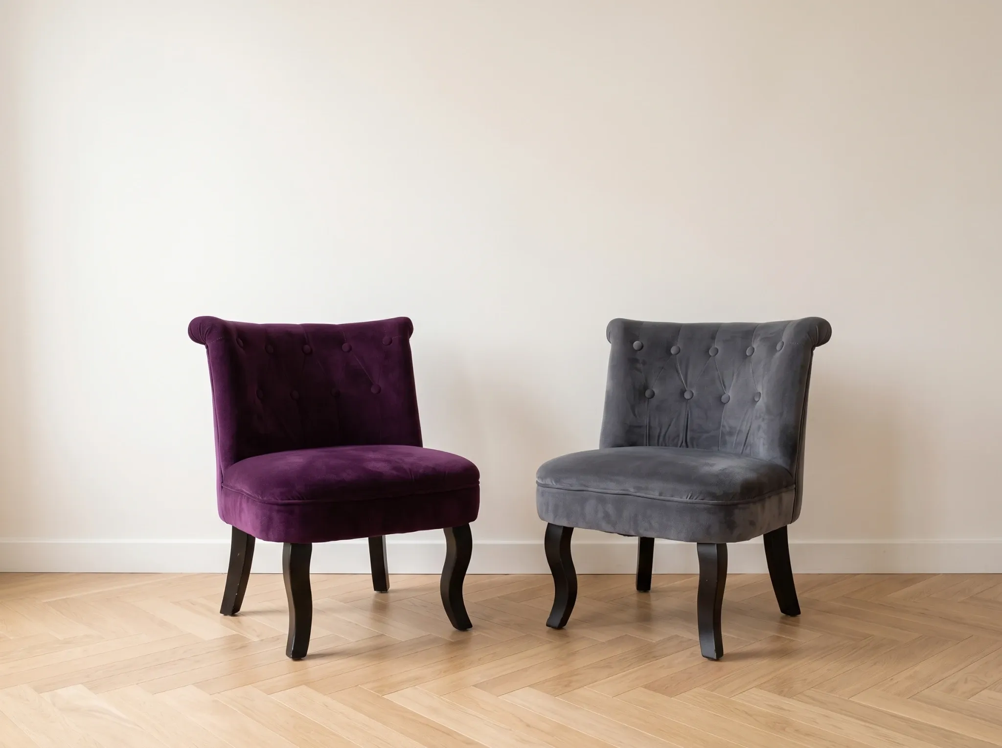Pair of classic style crapaud armchairs in grey velvet.