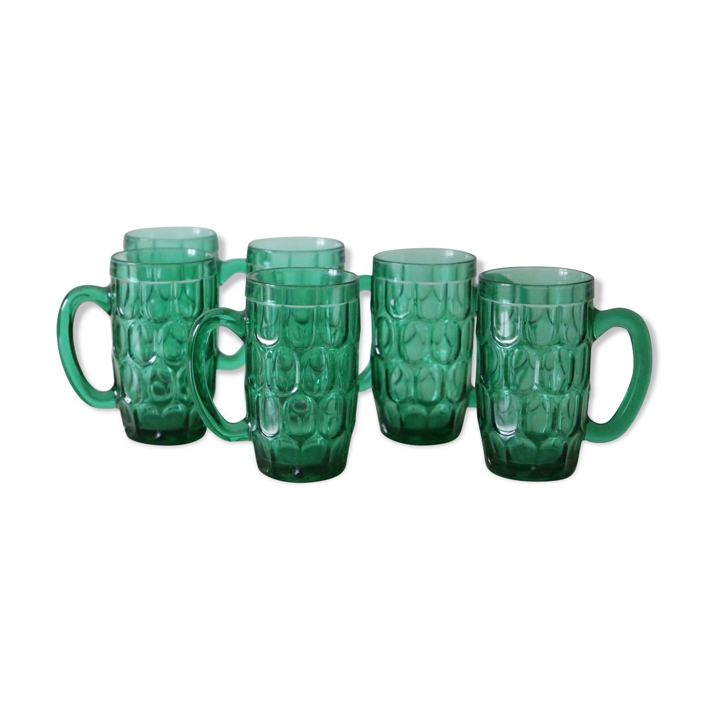 Ensemble de 6 mugs en verre, vert, vintage français, 1980