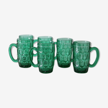 Ensemble de 6 mugs en verre, vert, vintage français, 1980
