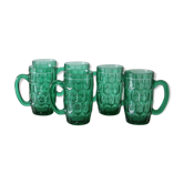 Set of 6 glass mugs, green, vintage French, 1980