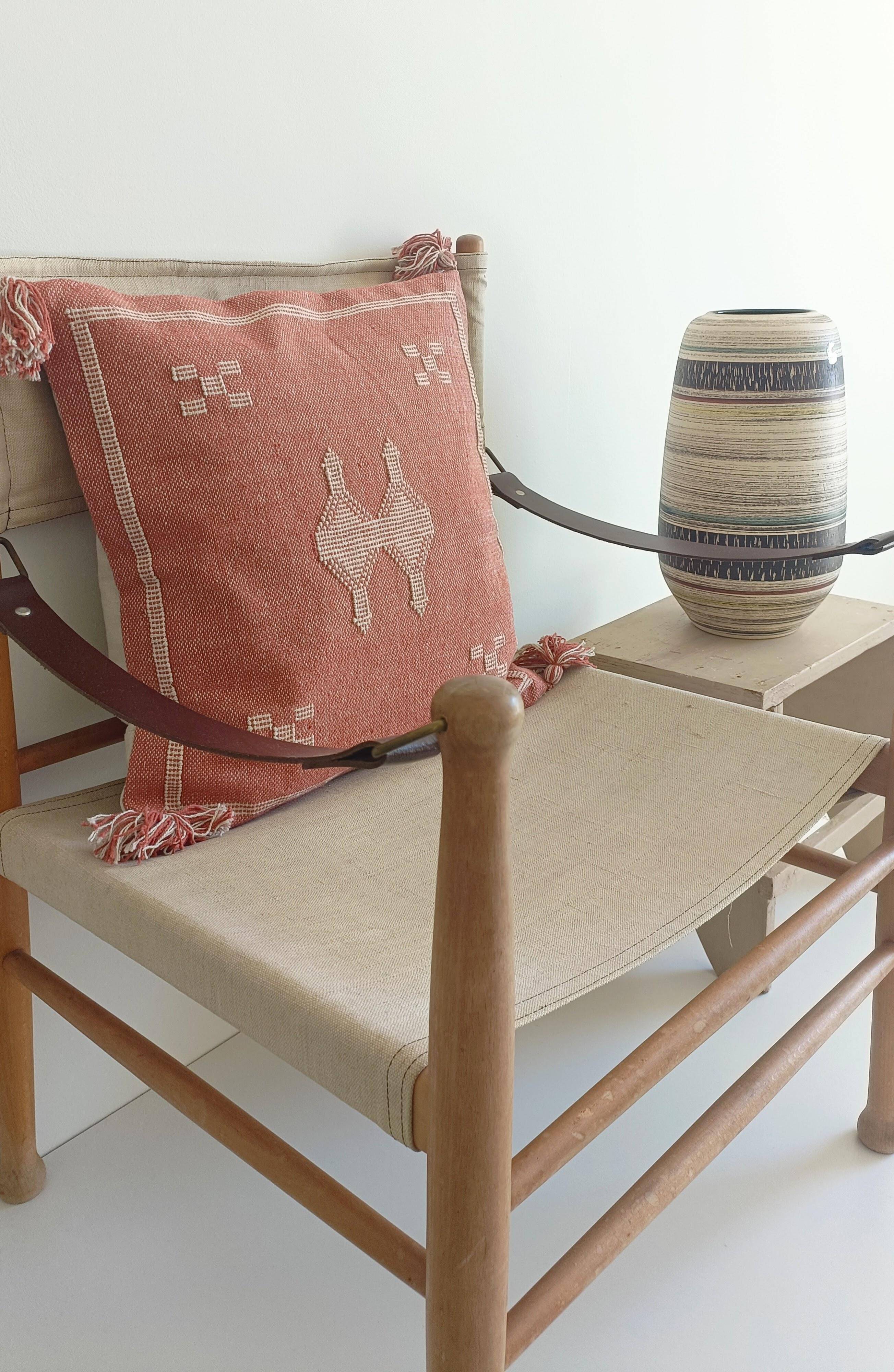 Coussin en lin marocain fait à la main, rose et crème, style mauresque, neuf