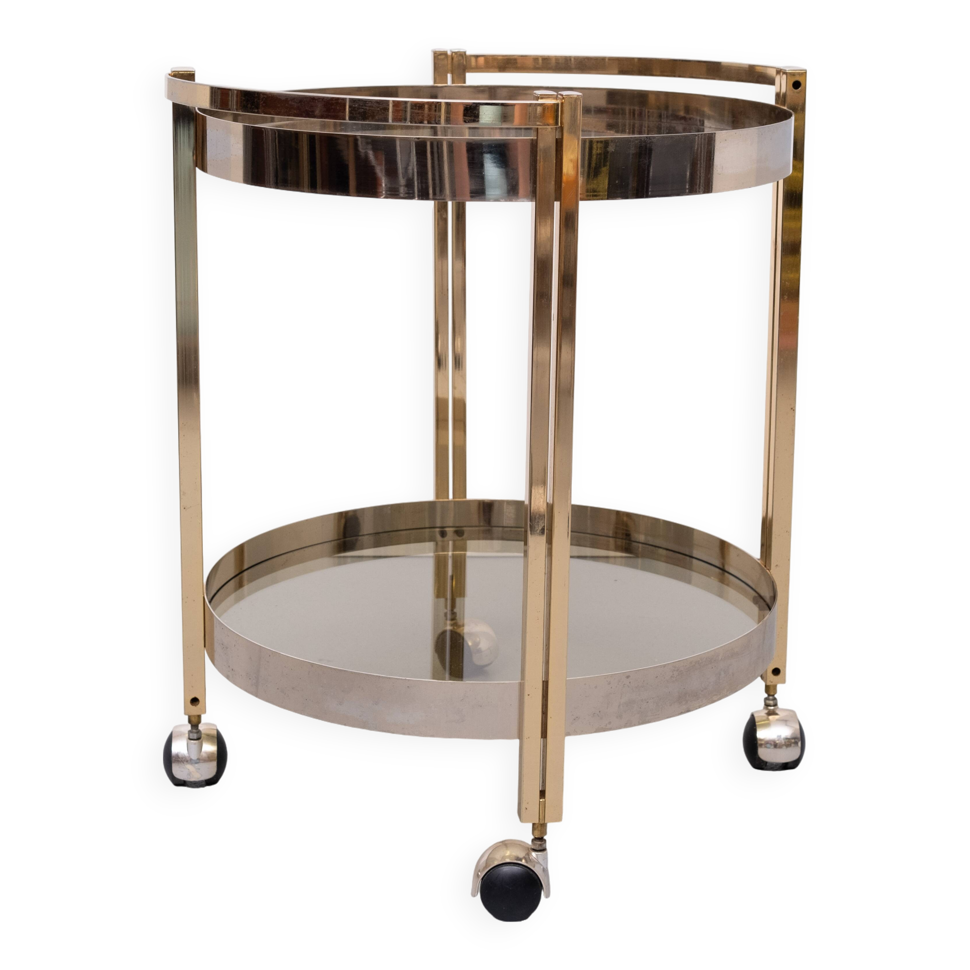 Hollywood Regency round Brass and Nickel Serving trolley 1970s