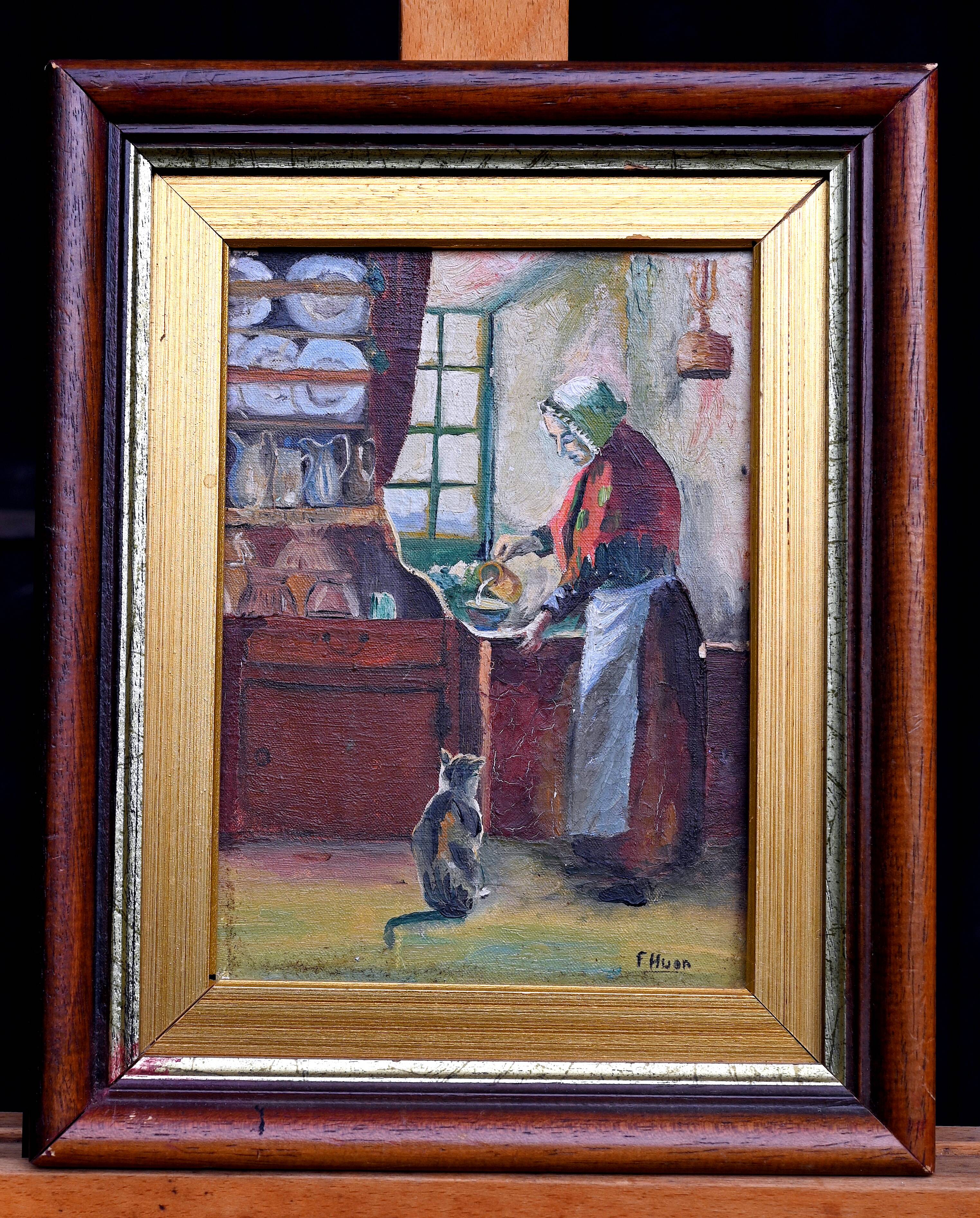 Tableau ancien laitière et chat scène de genre
