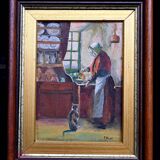 Old painting of a milkmaid and cat, genre scene