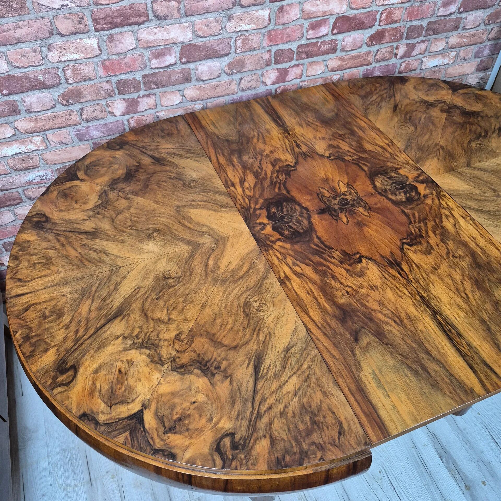 Restored Art Deco Walnut Burl Sunburst Extending Dining Table 1930s