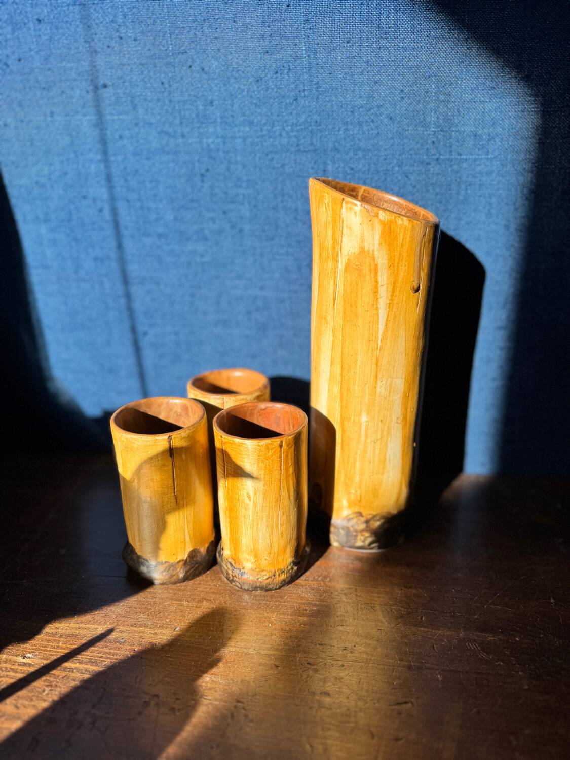 Vintage 1970s ceramic pitcher and glass set for orangeade, faux bamboo.