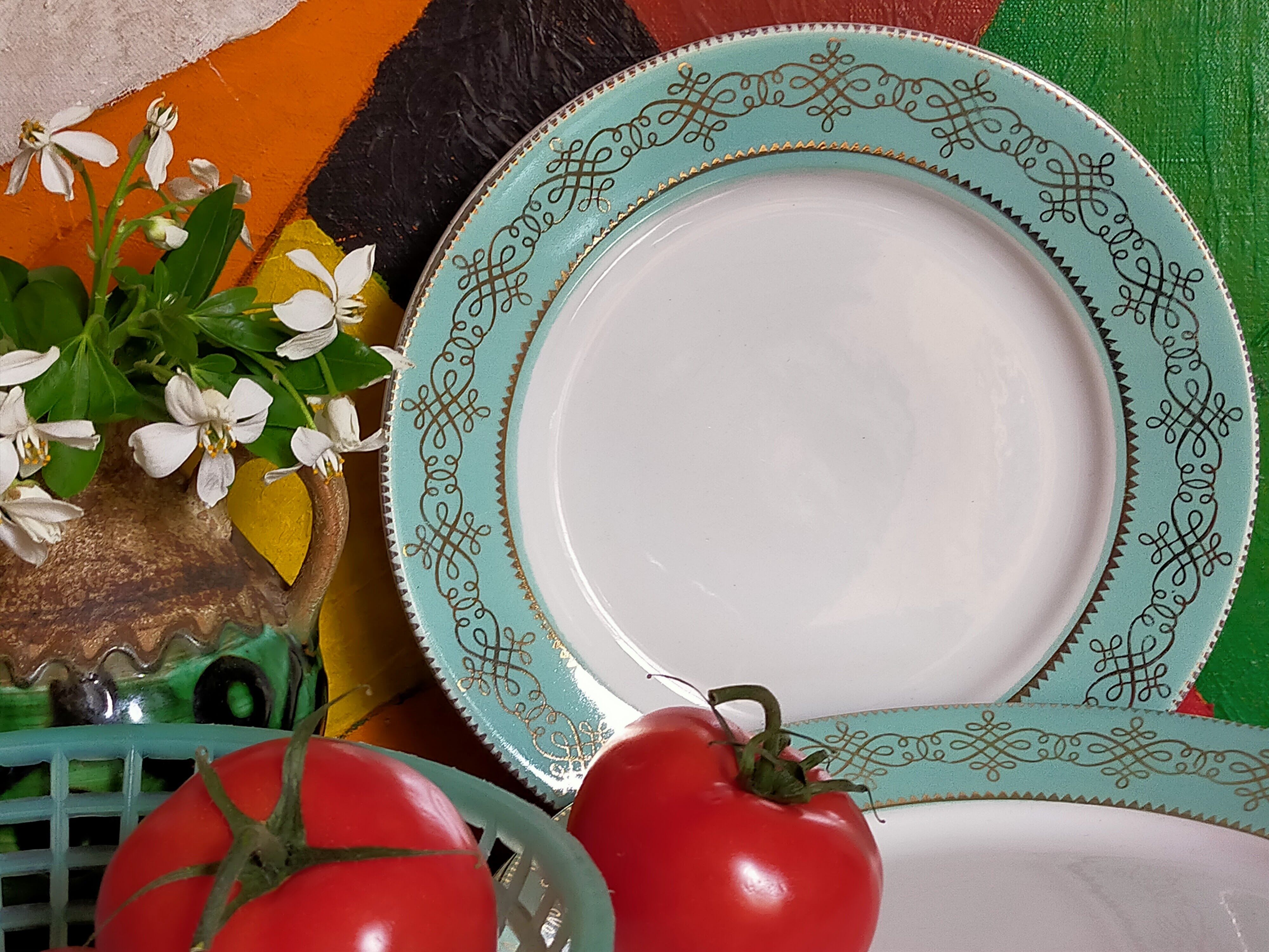 Six plates of vintage Badonviller earthenware with gold frieze
