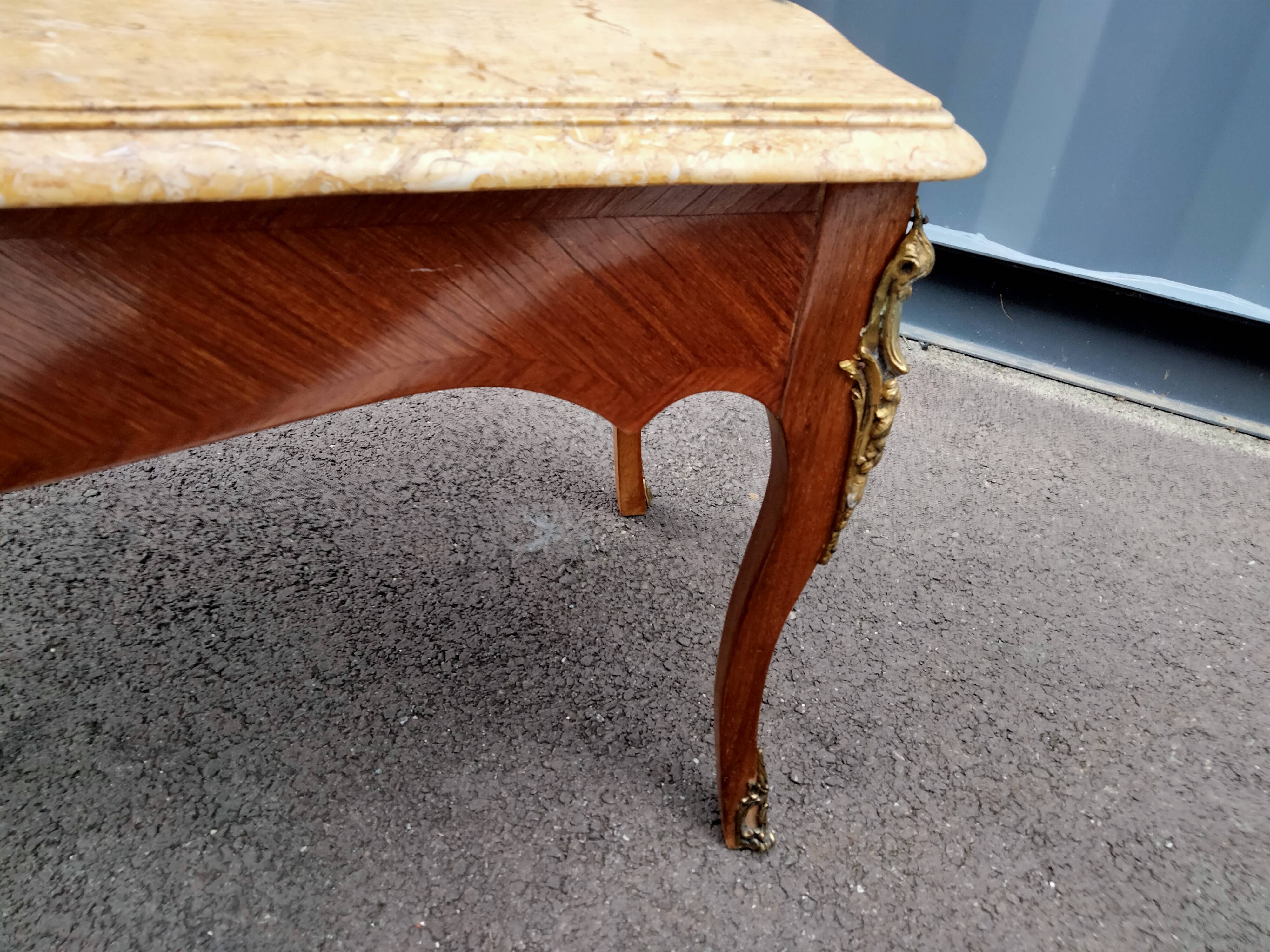 Old coffee table marquetry style louis xv marble top