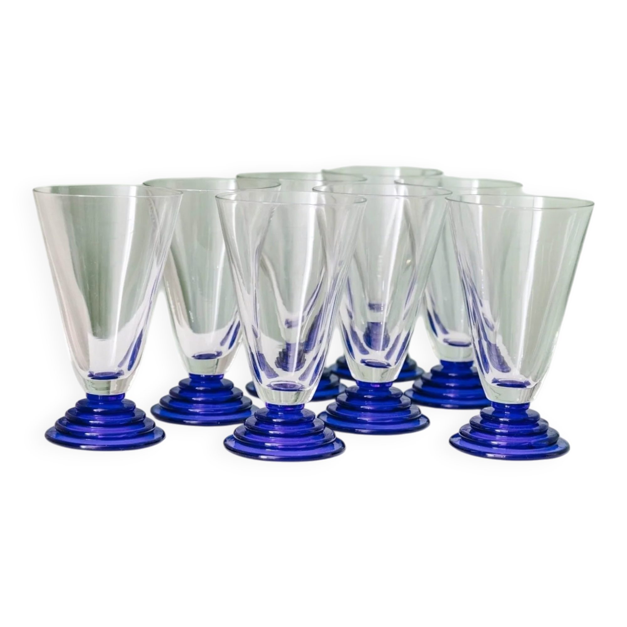 Ensemble de 8 verres à boire en verre clair avec des piédestaux en bleu cobalt – Postmoderne Memphis années 1980
