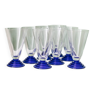 Set of 8 Clear Glass Drinking Glasses with Cobalt Blue Pedestals – Postmodern Memphis 1980s
