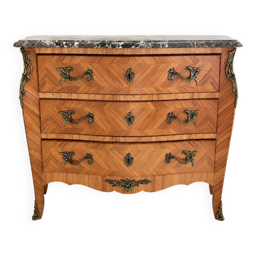 Curved Louis XV style commode in marquetry, veined marble and ornamentation.