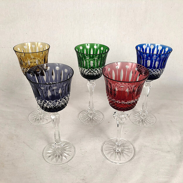 Set of five large colored crystal foot glasses