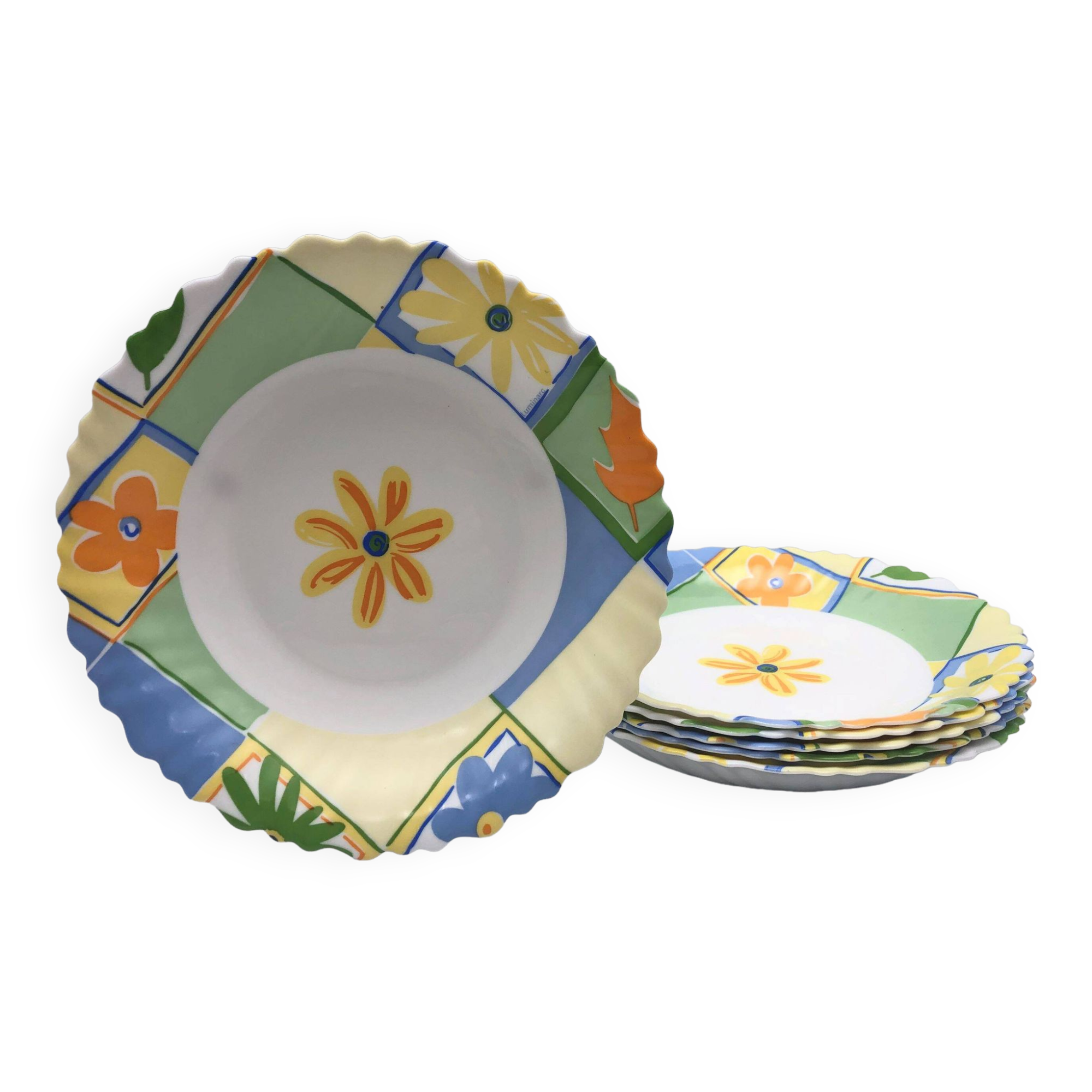 6 hollow plates "luminarc" with flower motifs.