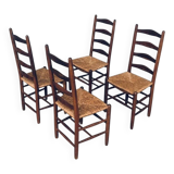Rustic Handcrafted Oak and Rush High Back Dining Chairs, Belgium, 1940s, Set of 4