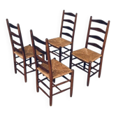 Rustic Handcrafted Oak and Rush High Back Dining Chairs, Belgium, 1940s, Set of 4