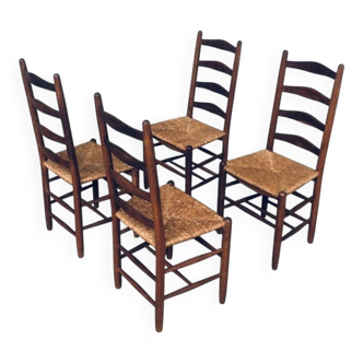 Rustic Handcrafted Oak and Rush High Back Dining Chairs, Belgium, 1940s, Set of 4