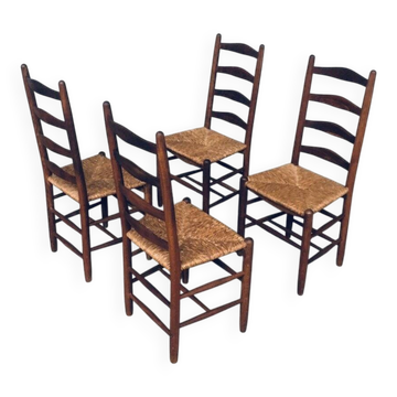 Rustic Handcrafted Oak and Rush High Back Dining Chairs, Belgium, 1940s, Set of 4
