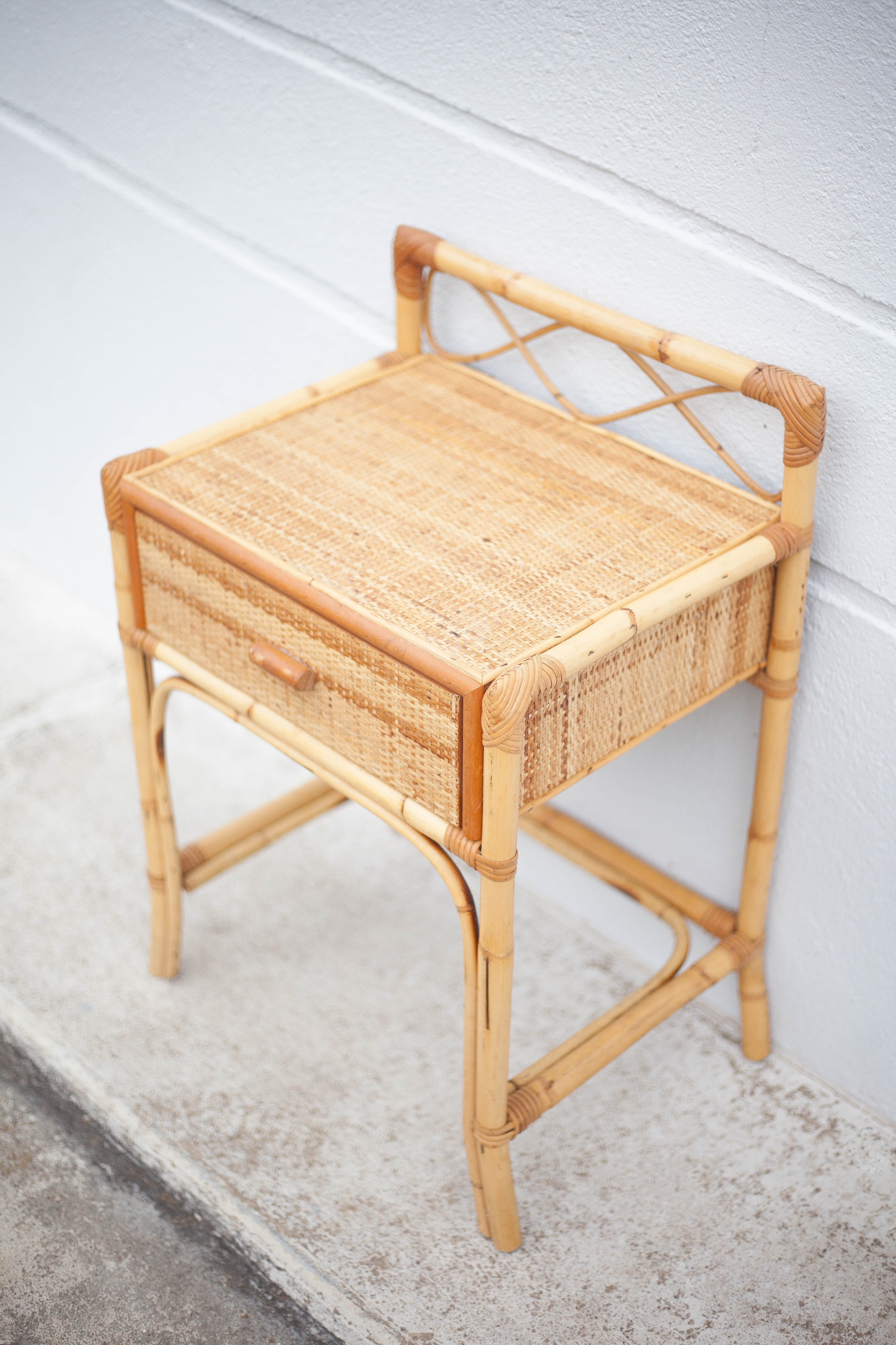 Rattan bedside table, wicker nightstand, end of sofa, interior decoration