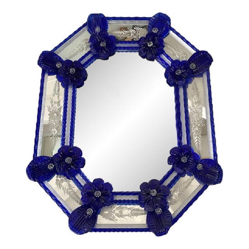 Venetian octagonal blue floreal hand-carving mirror in murano glass style