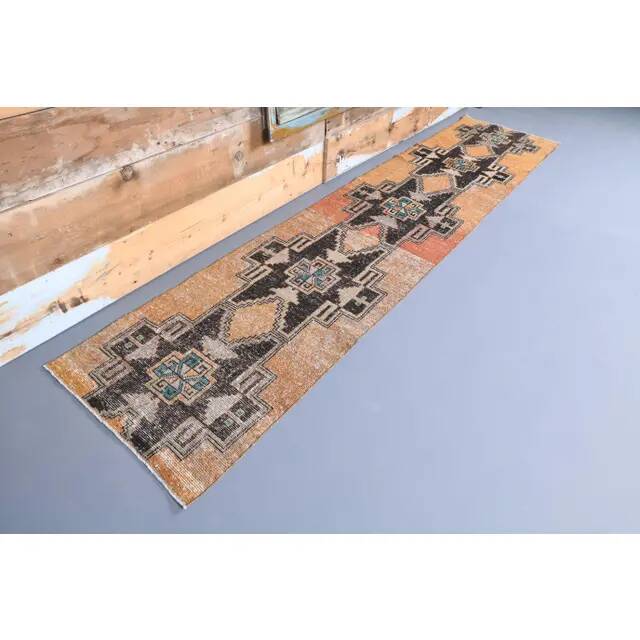 Vintage natural Turkish hand-knotted runner orange rug 80x348