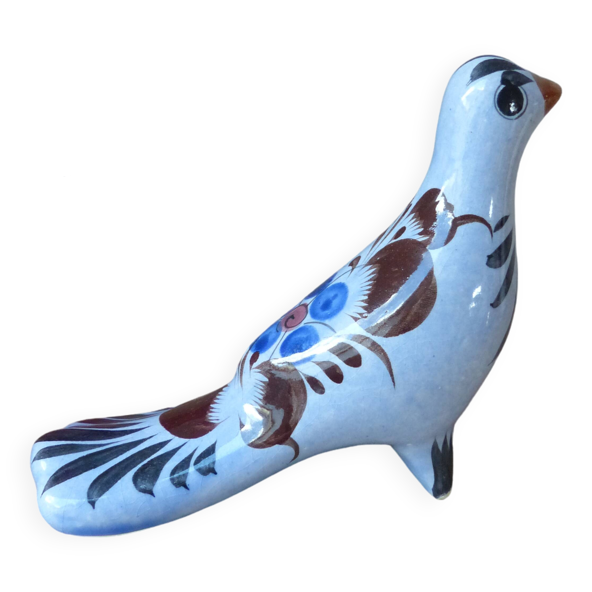 Figurine d'oiseau, grande colombe poterie Tonala avec motif floral Mexique décoration vintage
