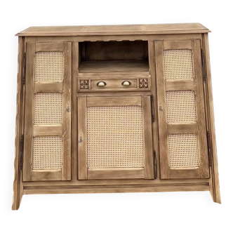 Antique sideboard renovated in solid raw oak and canework