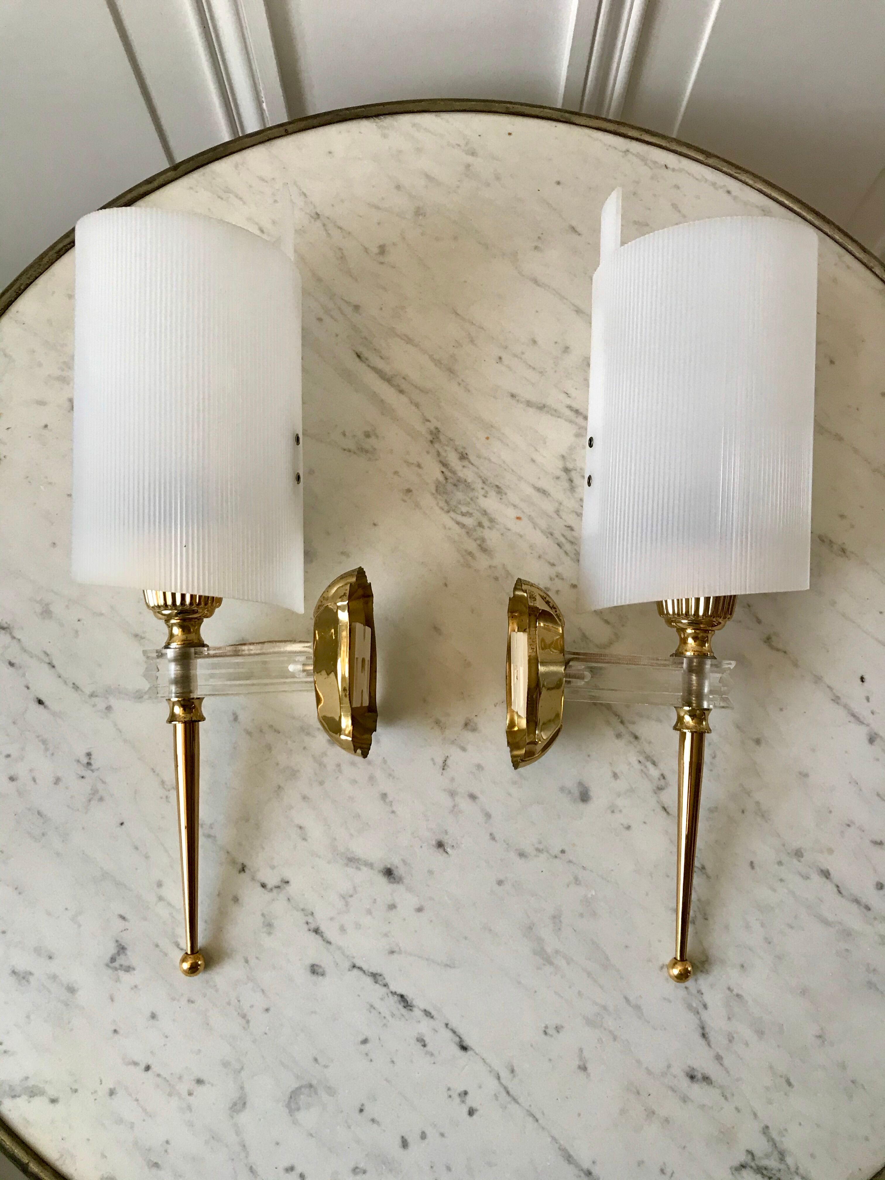 Pair of gold steel wall lamps, plexi and pleated plastic shades 60s-70s