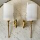 Pair of gold steel wall lamps, plexi and pleated plastic shades 60s-70s