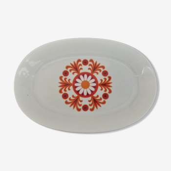 Vintage oval dish decorated with orange flowers 70s