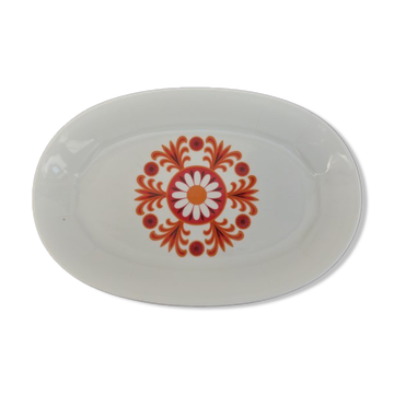 Plat ovale vintage décor fleurs orange 70s