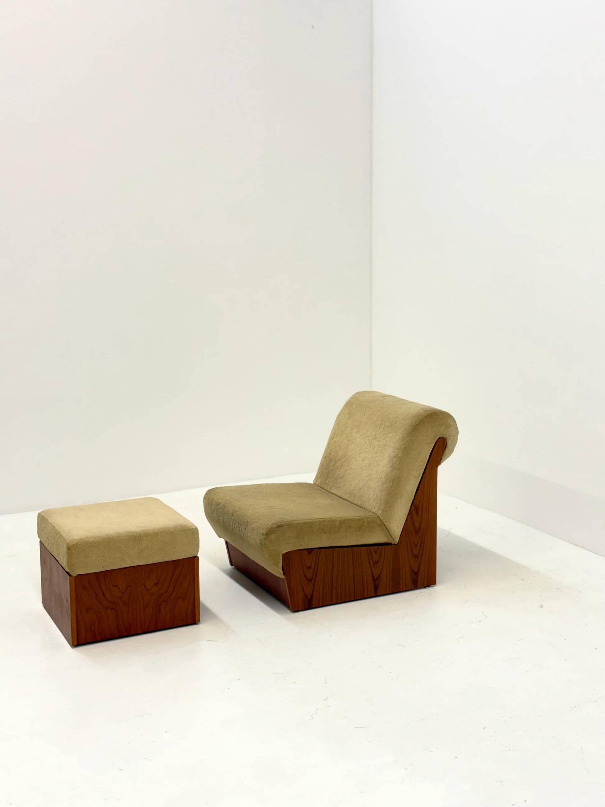 Vintage mid-century beige armchair with wooden frame and ottoman