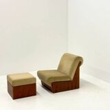 Vintage mid-century beige armchair with wooden frame and ottoman