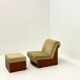 Vintage mid-century beige armchair with wooden frame and ottoman