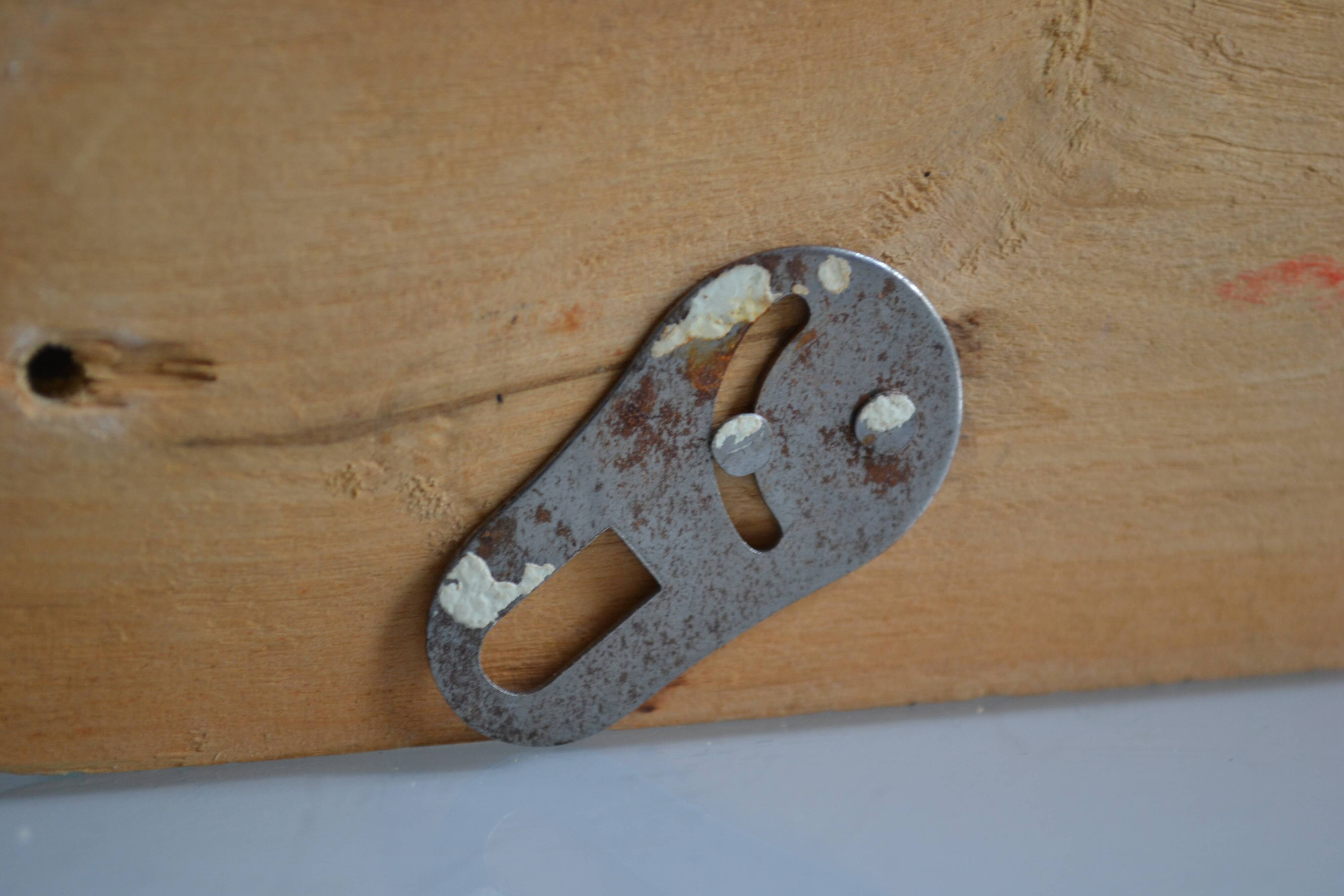 Wall coat rack with 2 hooks, wood and plastic, 60s style.