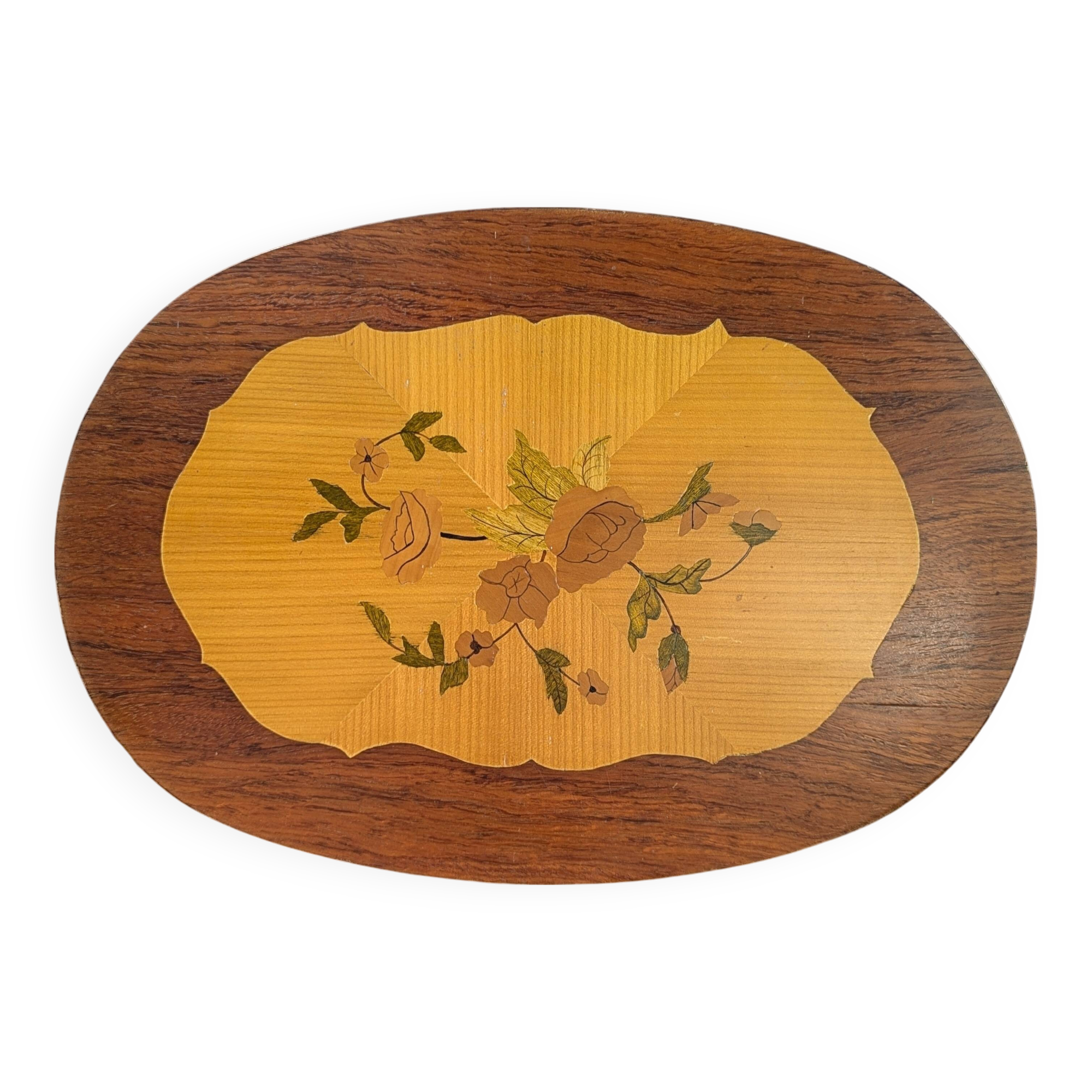Large oval wooden tray with floral marquetry 50cm