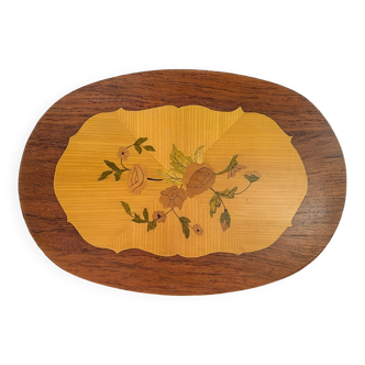 Grand plateau ovale en bois incrusté marqueterie florale 50cm