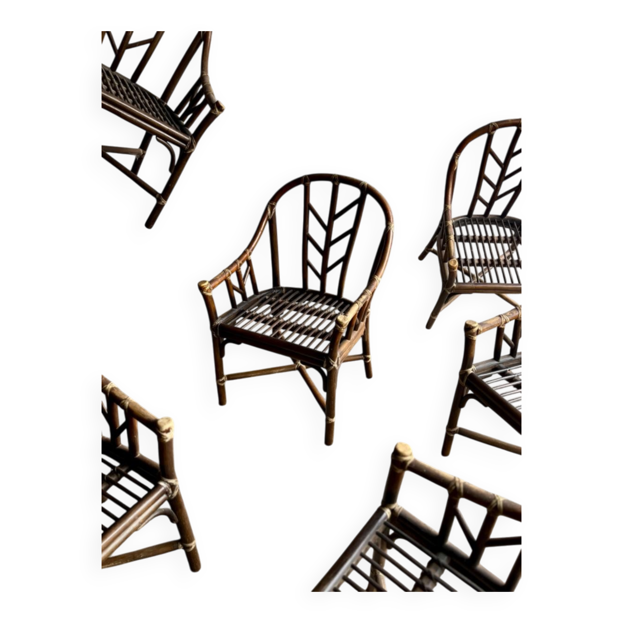 Rare McGuire 1970s dark brown rattan armchairs — set of 6, bamboo bindings, mid-century boho