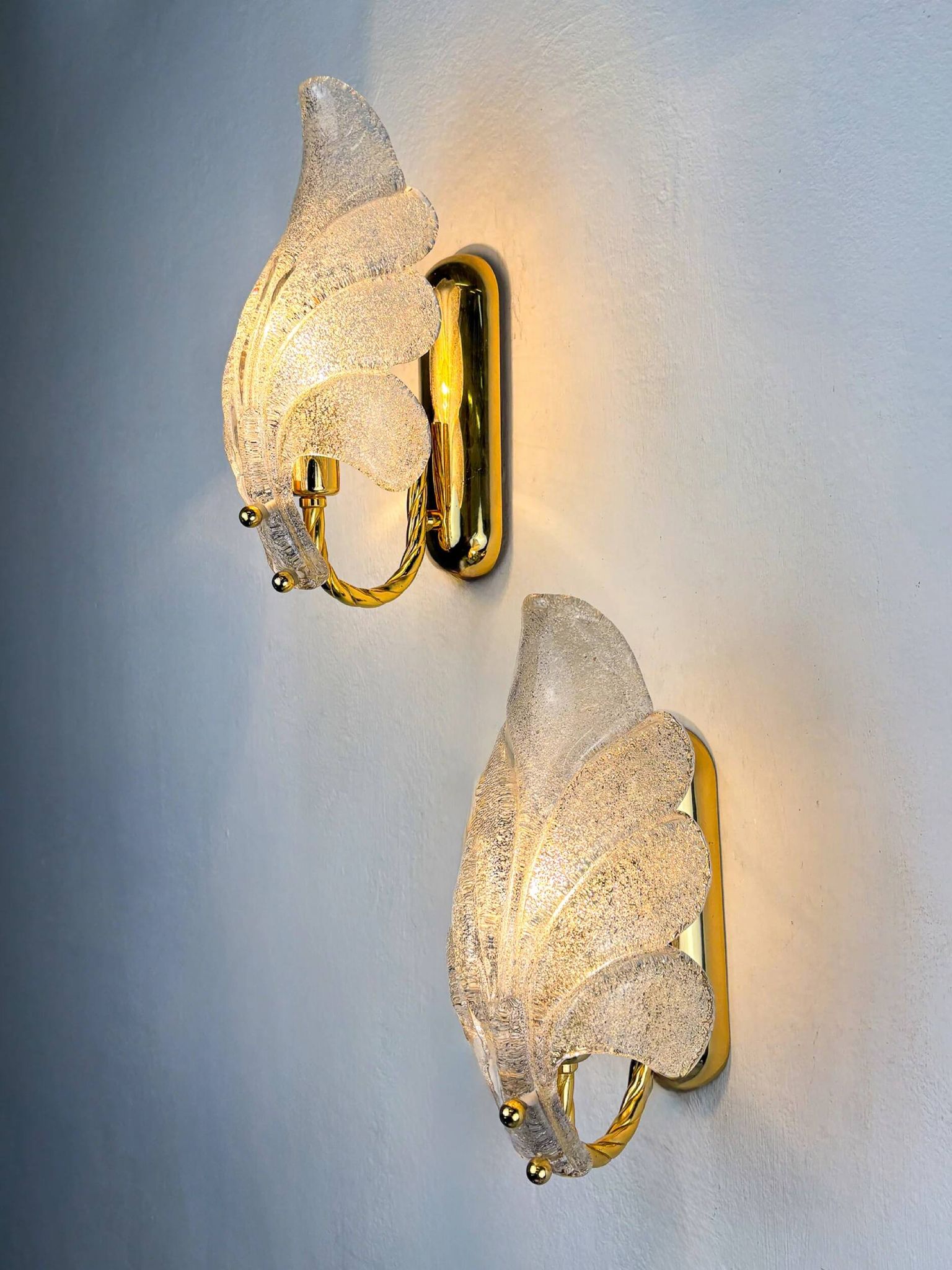 Pair of Murano frosted leaf sconces, textured glass & gilt brass, Italy, 1970s