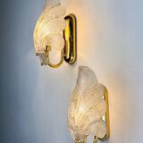 Pair of Murano frosted leaf sconces, textured glass & gilt brass, Italy, 1970s