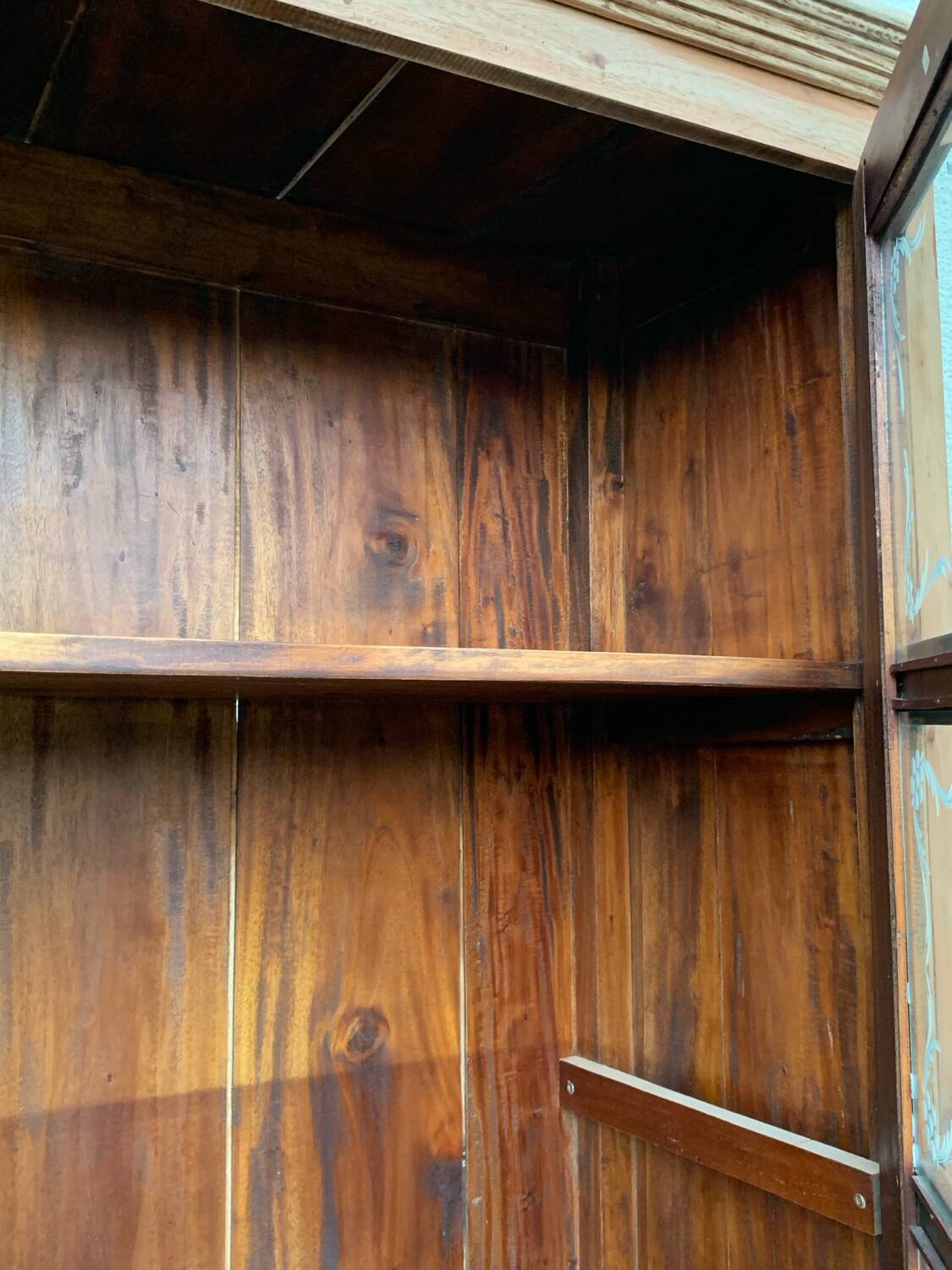 Parisian wardrobe in raw wood with engraved glass from 1920.