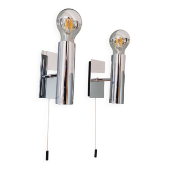 Pair of tubular wall lights in chrome metal, 1970s