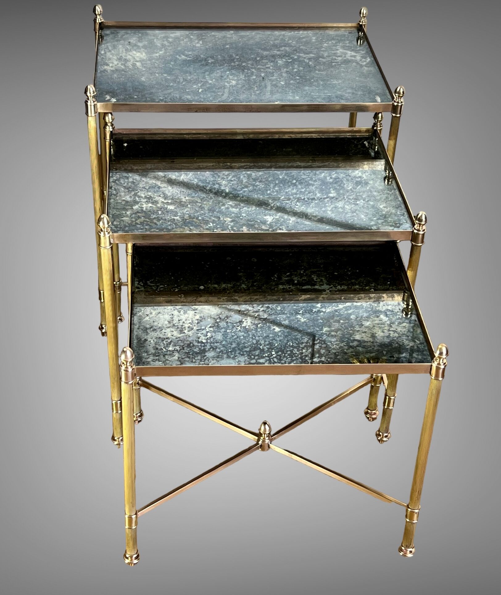 Nest of table from “maison bagués 1970” in gilt bronze and glass tops