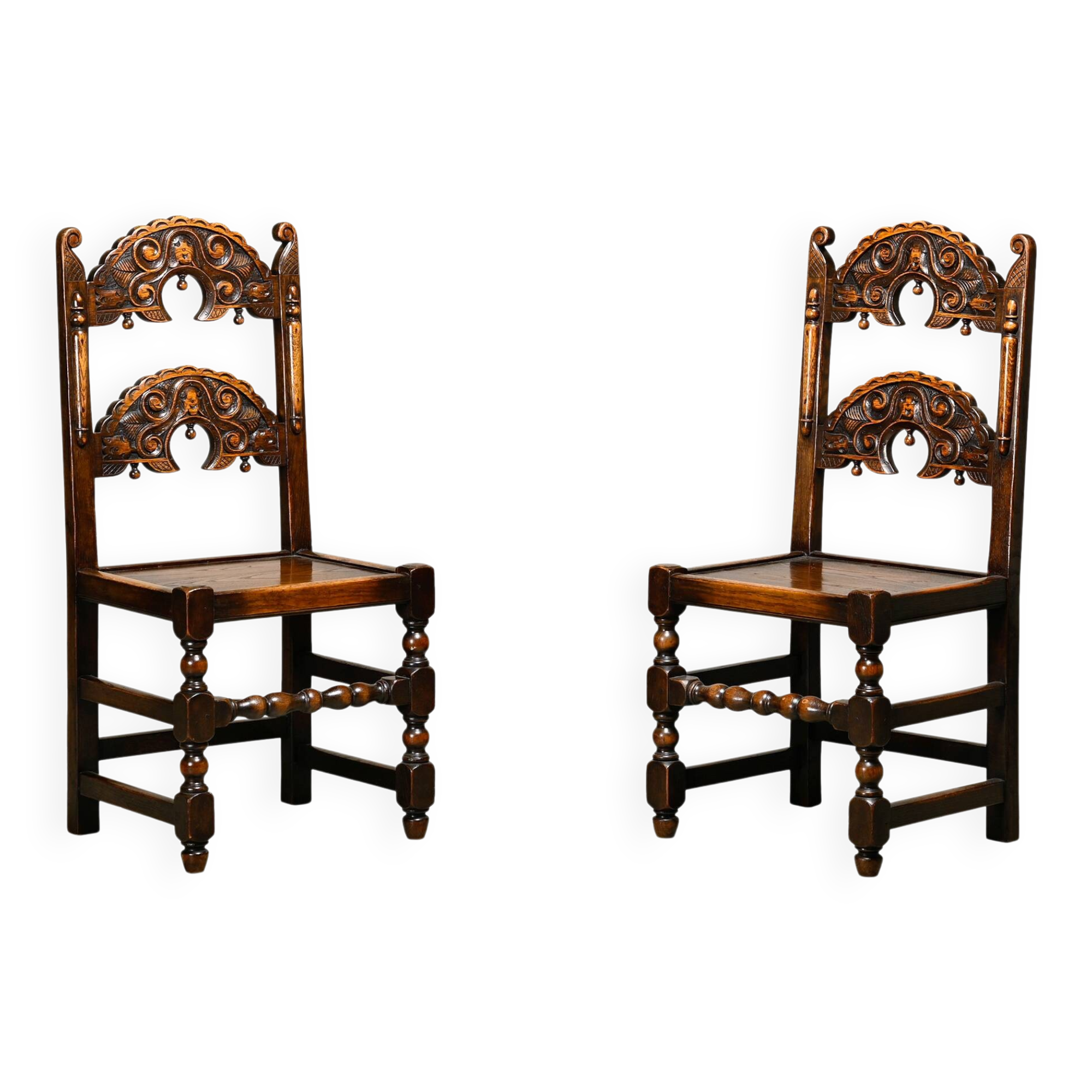 Pair Antique Yorkshire Back Stools / Side Chairs solid Oak, England 18th Ce
