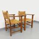 Suite de 2 fauteuils brutalistes vintage en bois de chêne et paille