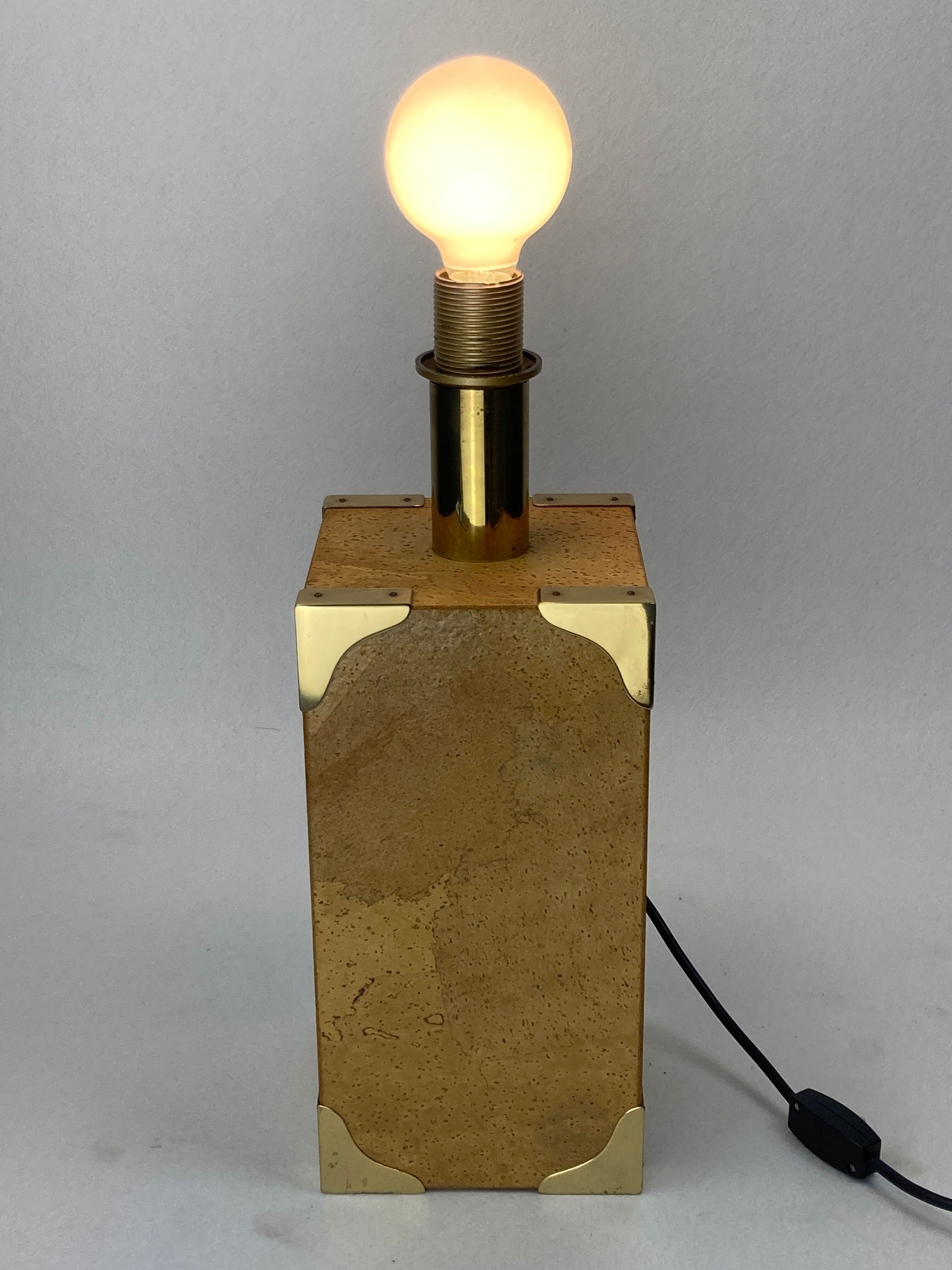 Cork and brass table lamp, bouclé shade. Leola Design Germany 1970s