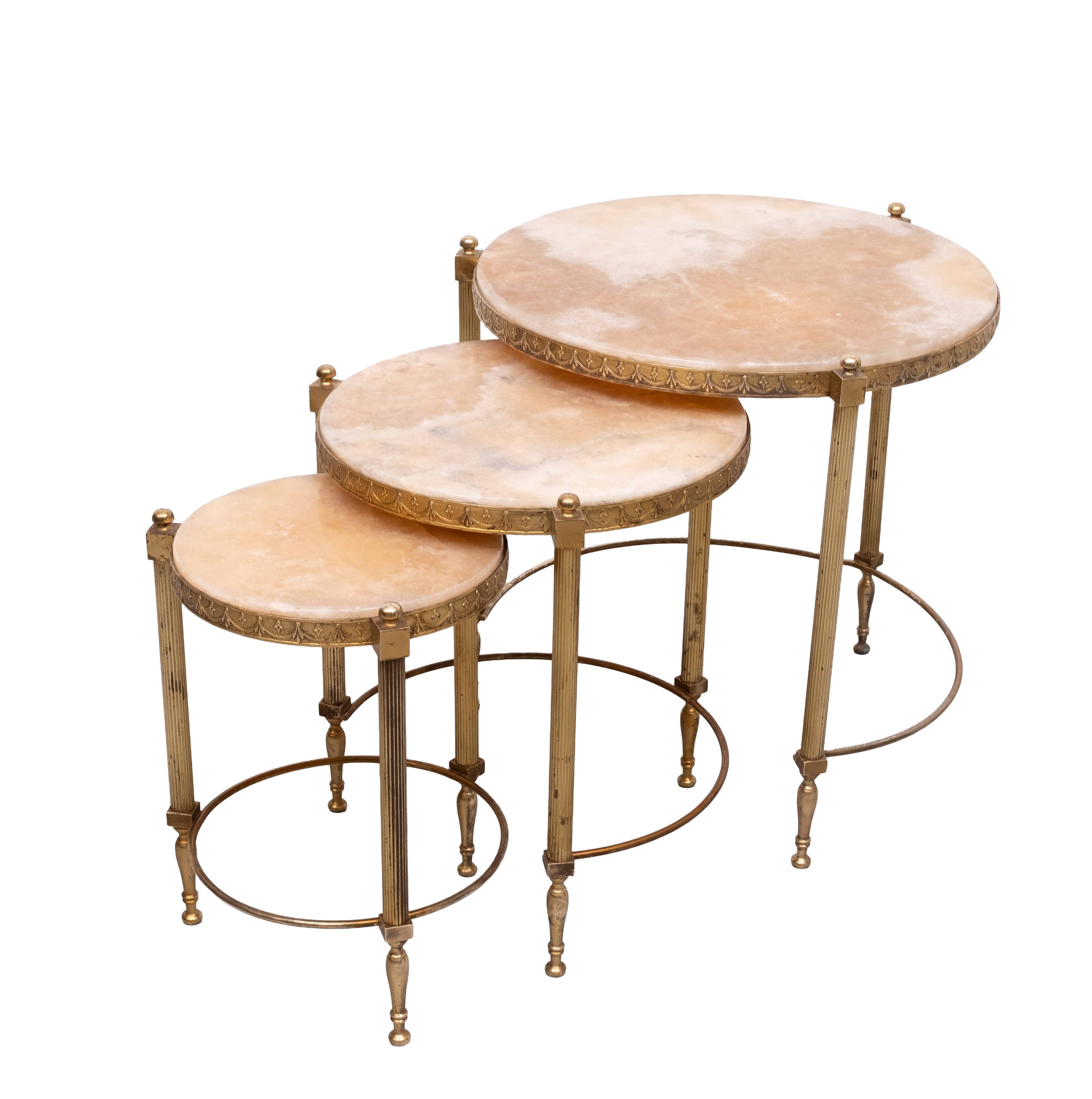 Hollywood Recency Nesting Tables Brass Onyx Marble France