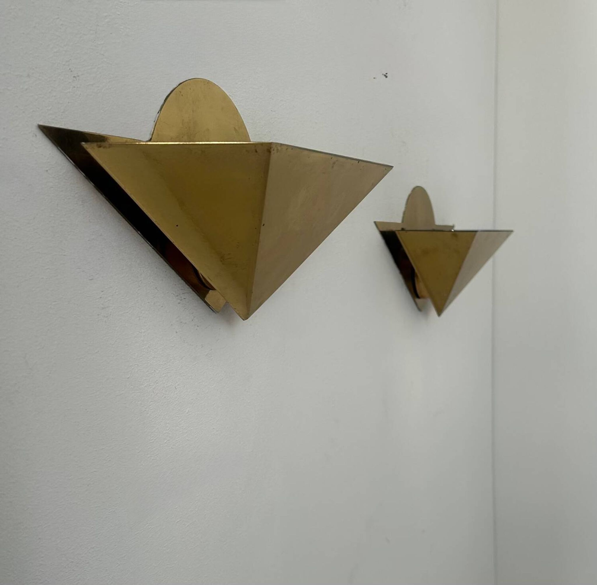 Pair of vintage geometric sconces, brass, France 1970