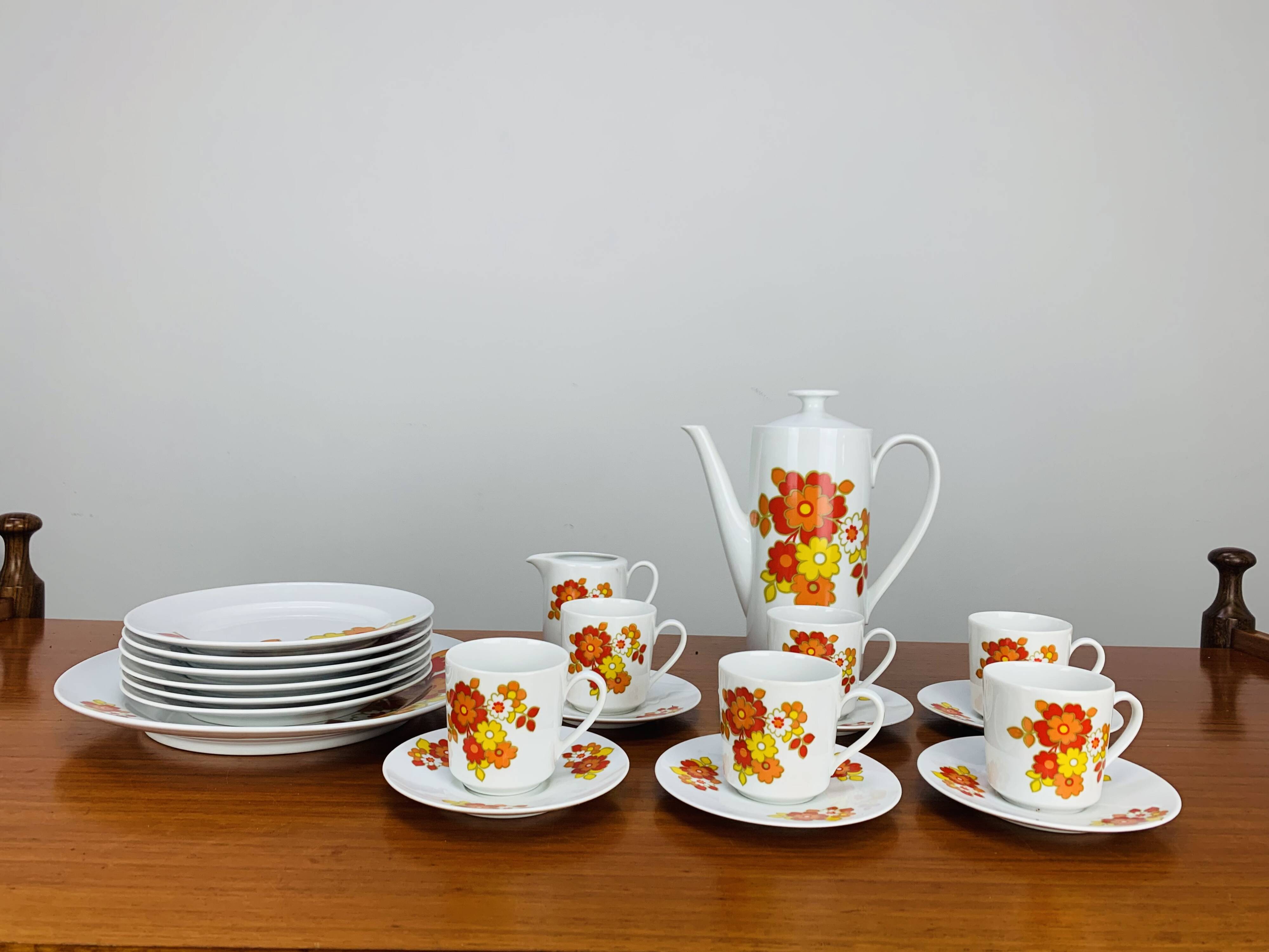 Tea and dessert set of 6 cups, German porcelain, flowers, 70s