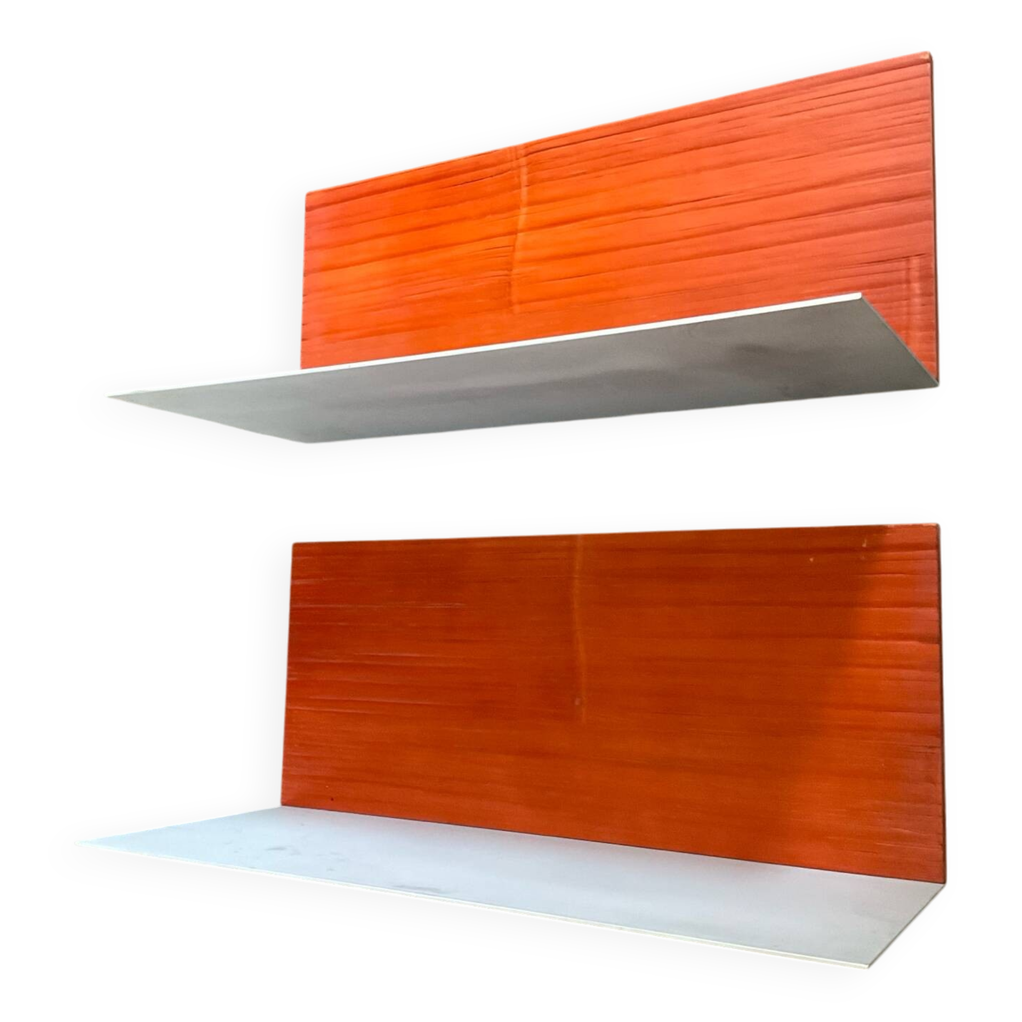 Pair of contemporary wall shelves in steel and stained wood